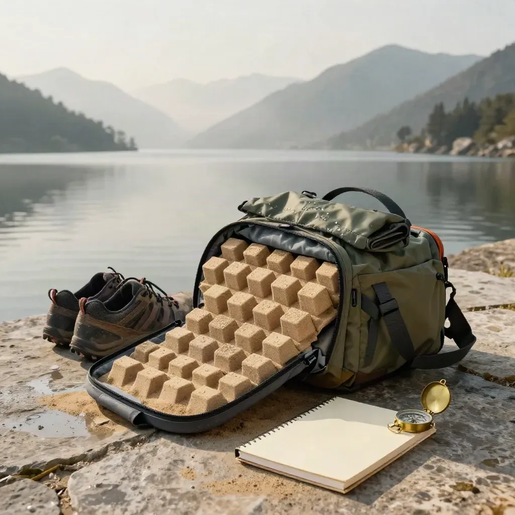 Sandfarbener Koffer mit Reiseausrüstung am Seeufer vor Alpen im Morgennebel.