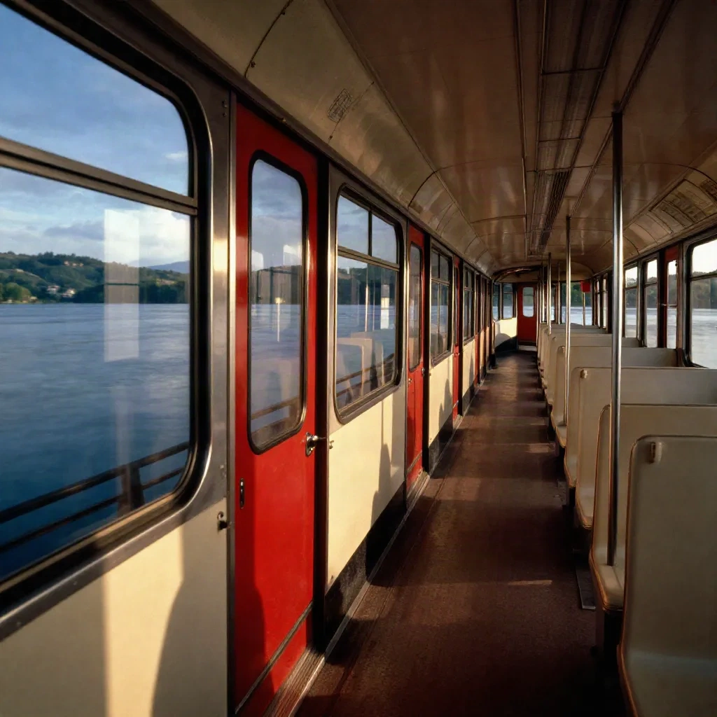 Leerer Panoramazug auf einem Seeviadukt, Fenster und Landschaft verwischen in der Kurve.
