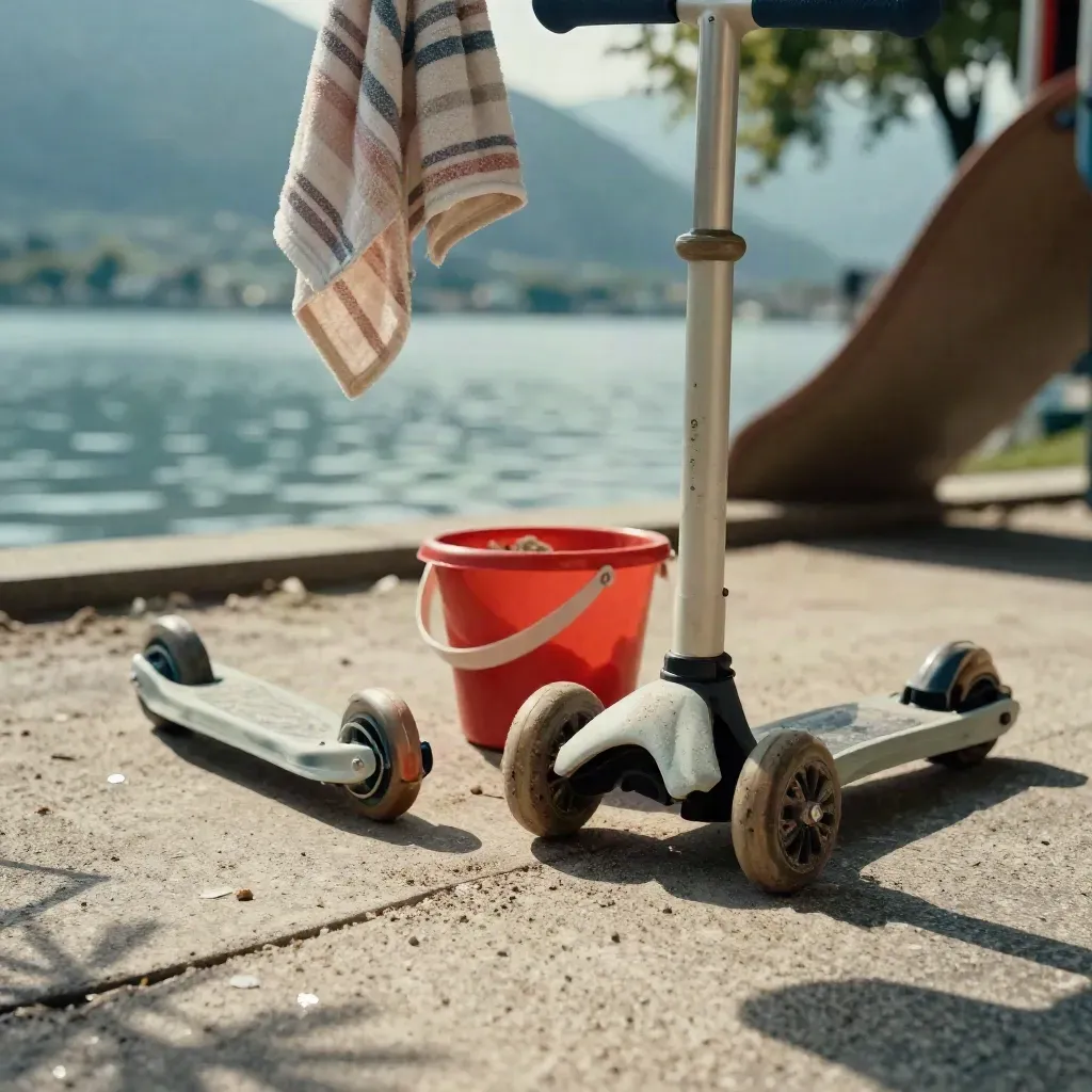 Ticino-Seeufer-Spielplatz mit Scootern, Sandschaufel und flatterndem Handtuch im warmen Licht