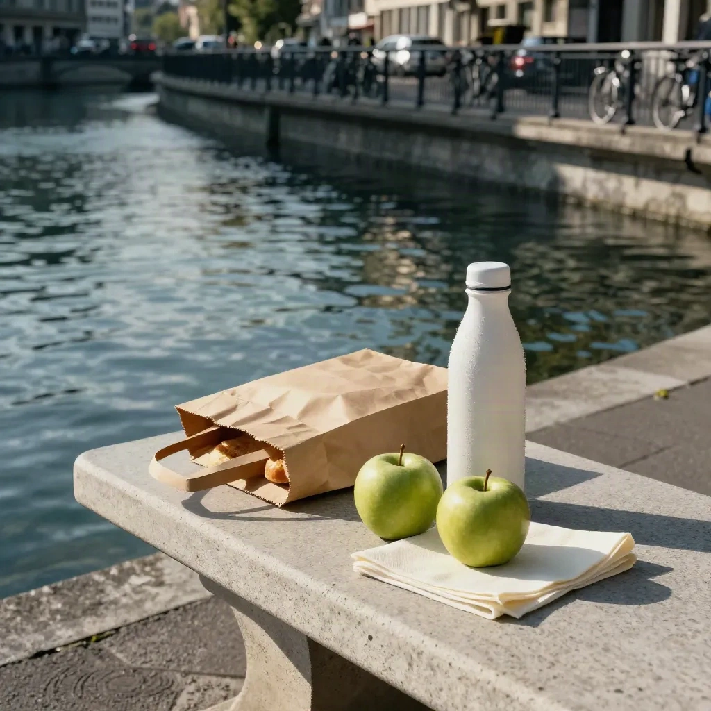 Picknick am Zürcher Flussufer mit Brotbeutel, Äpfeln und weisser Trinkflasche.