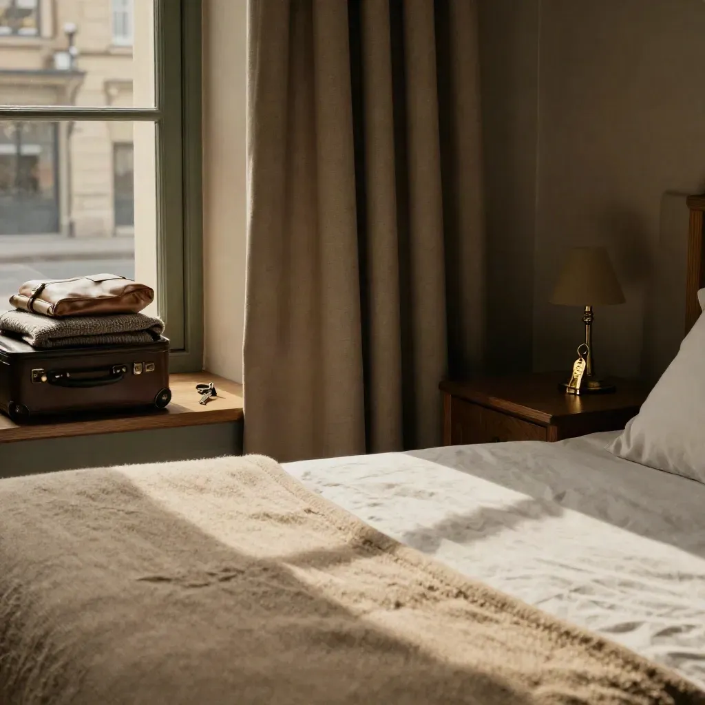 Warme Hotelszene mit Bett, schweren Vorhängen, Koffer und goldenem Licht am Fenster.