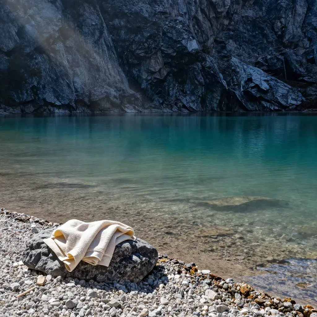Alpensee mit Kieselufer, Handtuch auf Fels und einer kleinen Welle im klaren Wasser