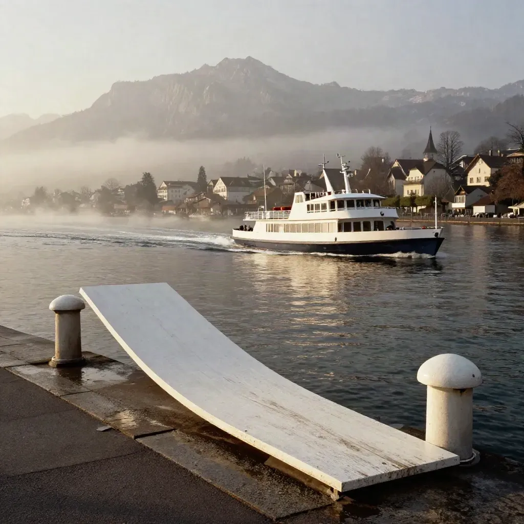 Leerer Fährsteg in Luzern am Morgen, See, Altstadt und Rigi im ersten Licht.