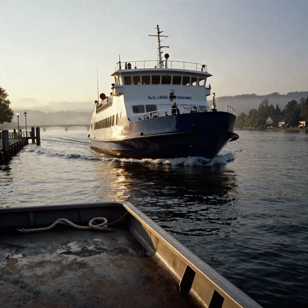 Fähre legt in Luzern ab, mit Heckwelle, Quai und Brückensilhouette im Dunst.