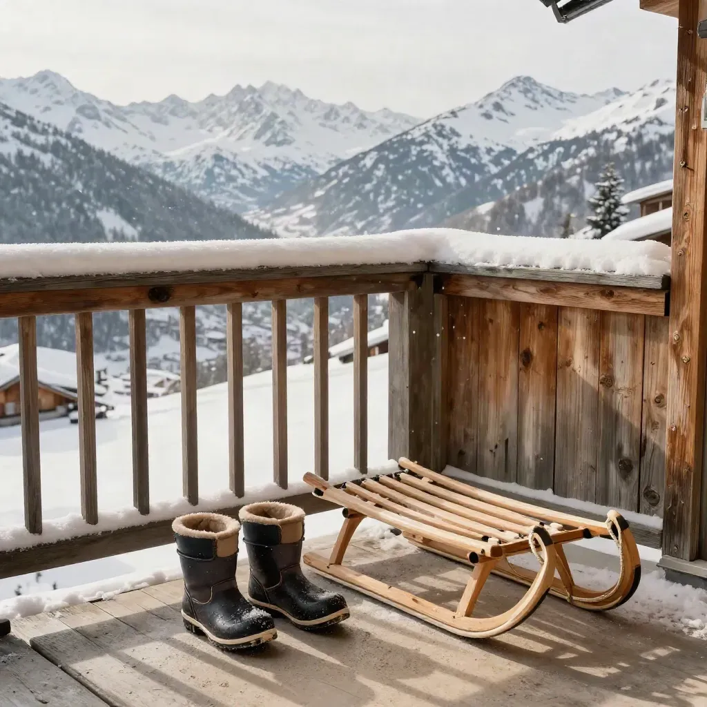 Davos-Balkon mit Kinderstiefeln, Schlitten und Blick ins helle Schneetal
