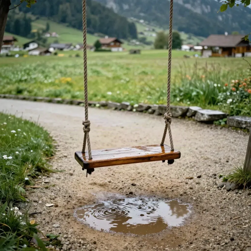Holzschaukel im Toggenburger Familienhotelgarten nach Regen, mit Pfützen und Alpenwiese