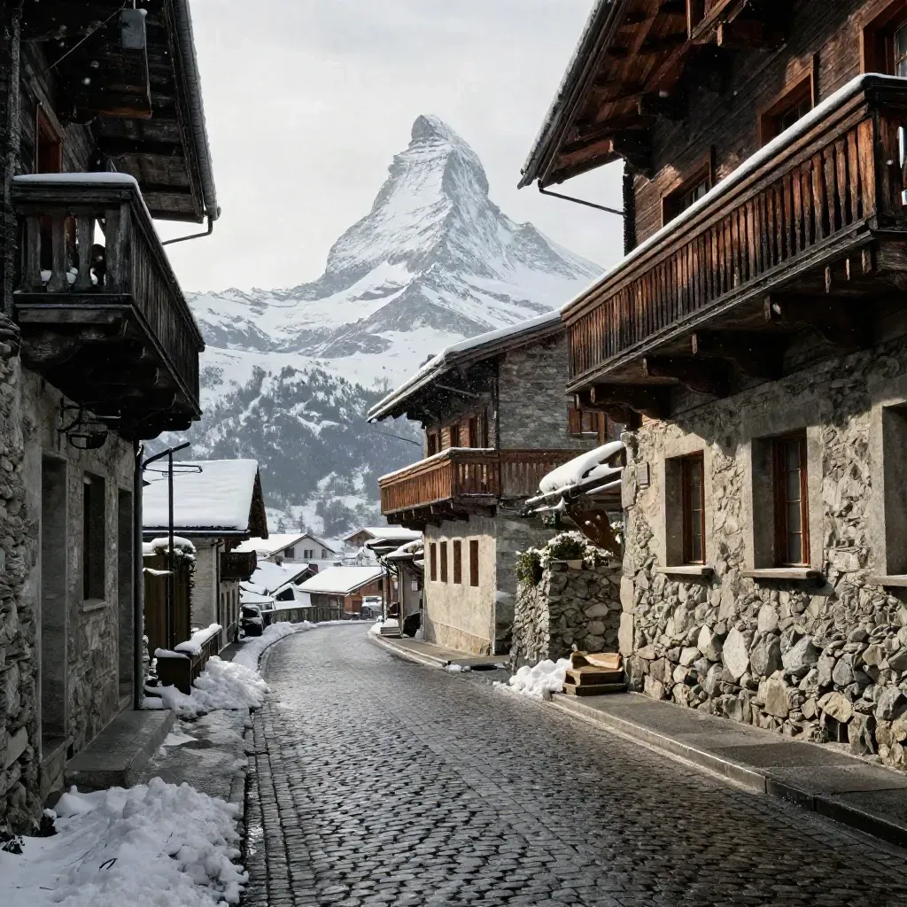 Zermatter Gasse ohne Autos mit Schnee und Blick zum Matterhorn im Winterlicht.