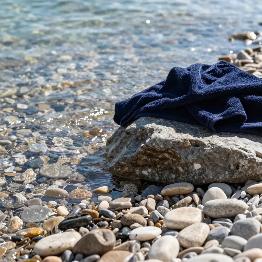 Ufer am Brienzersee mit klaren Steinen, Handtuch und kleiner Welle im Gegenlicht