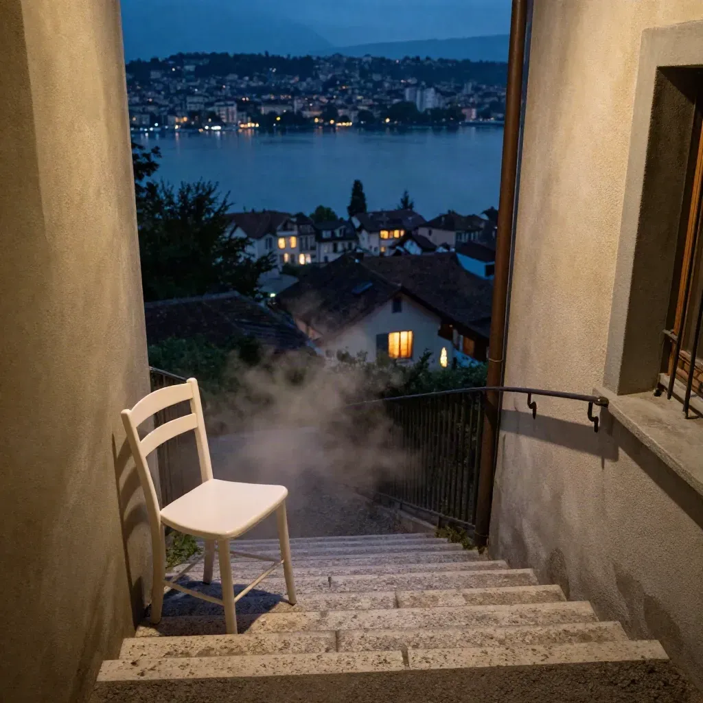 Lausanner Treppe mit weißem Stuhl, Abendlichter und Blick auf den See