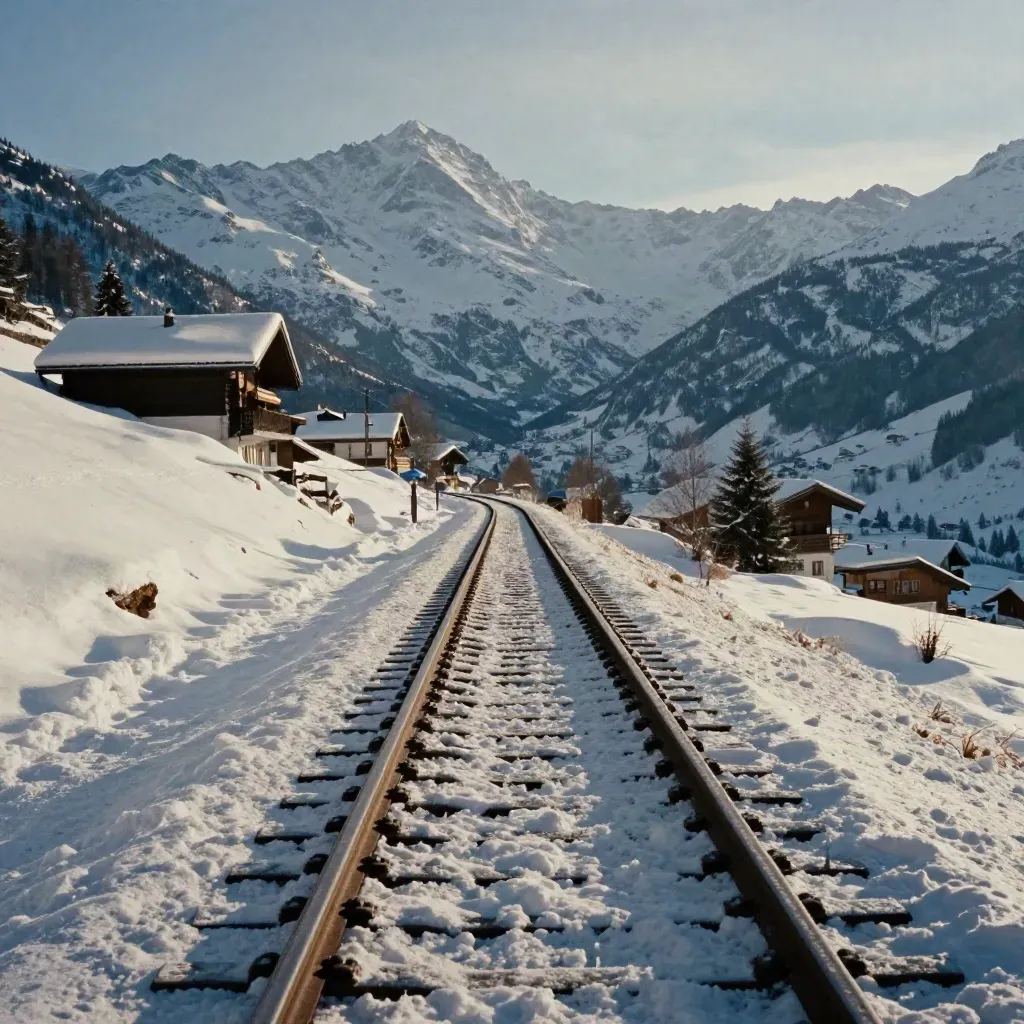 Schneebedeckte Gleise in Grindelwald mit Chalets und blauem Berglicht im Tal.