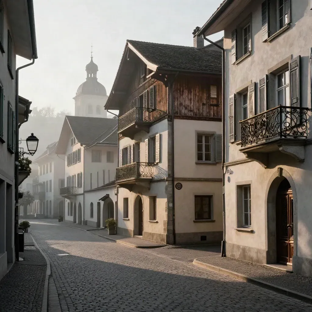 Leere St.-Galler Altstadtgasse im Morgenlicht mit Abteikuppel über den Dächern.