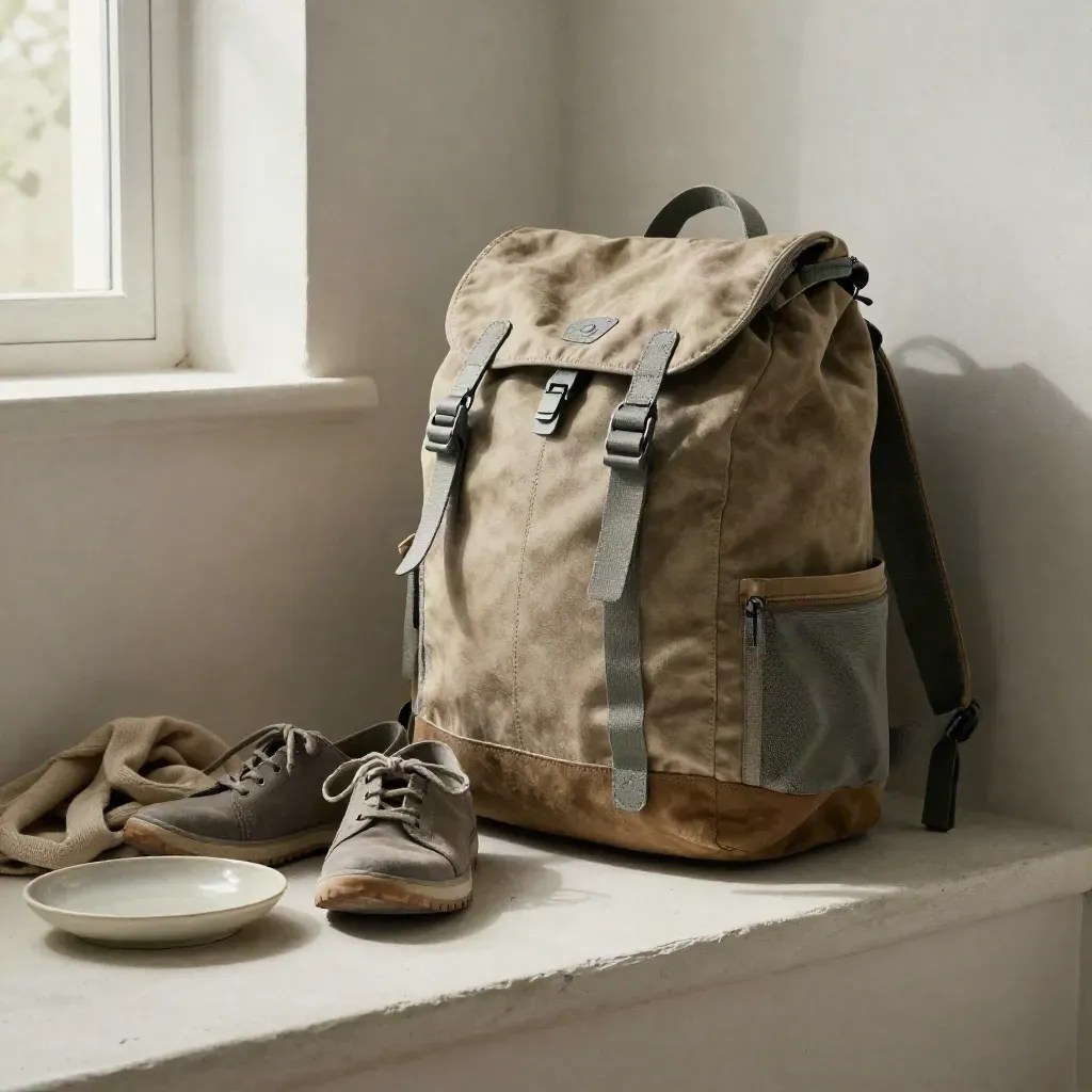 Tagesrucksack, Weekender, Wanderschuhe und Schal auf hellem Putz.