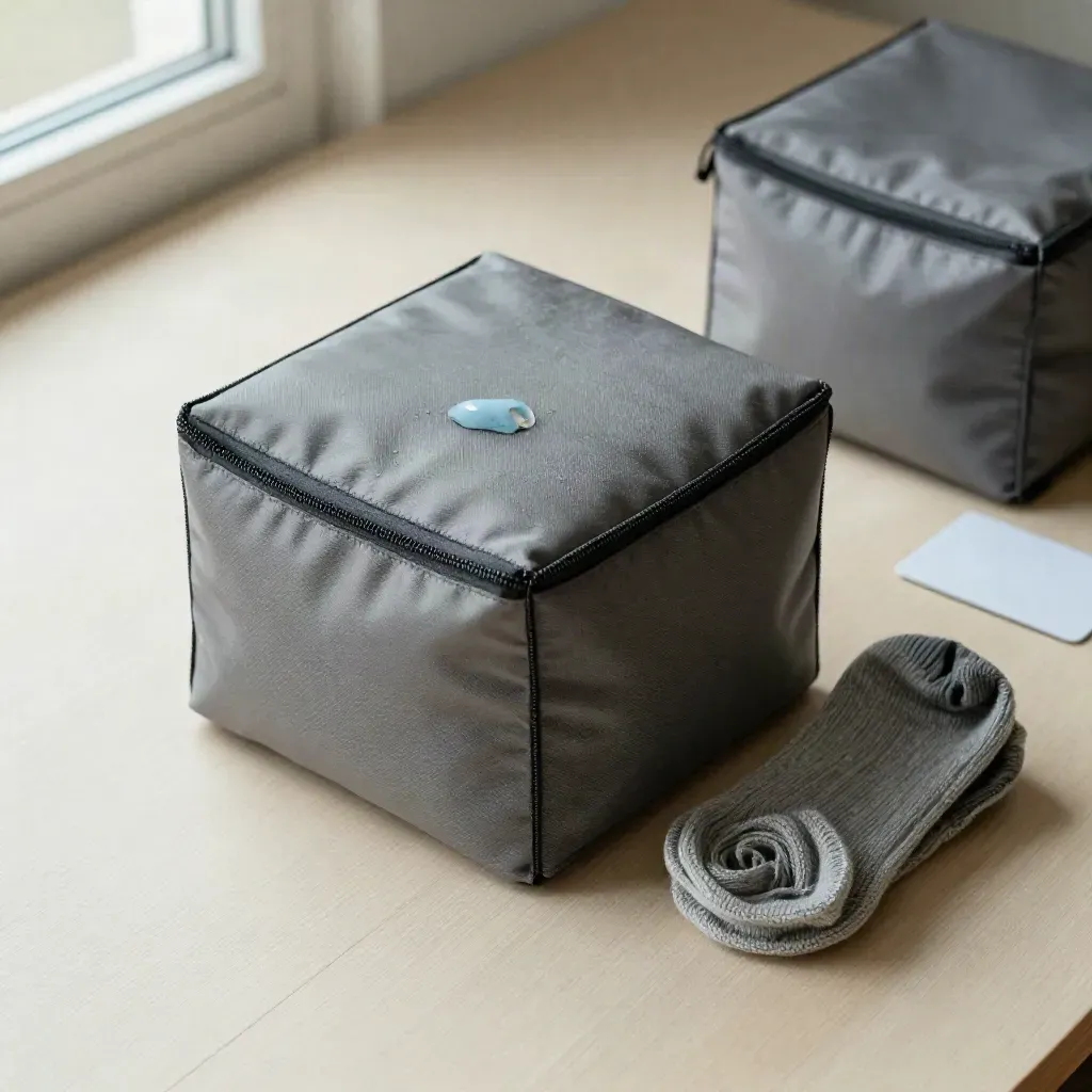 Packwürfel mit Regenjacke, Socke und zweitem Cube auf hellem Holz im sanften Licht.